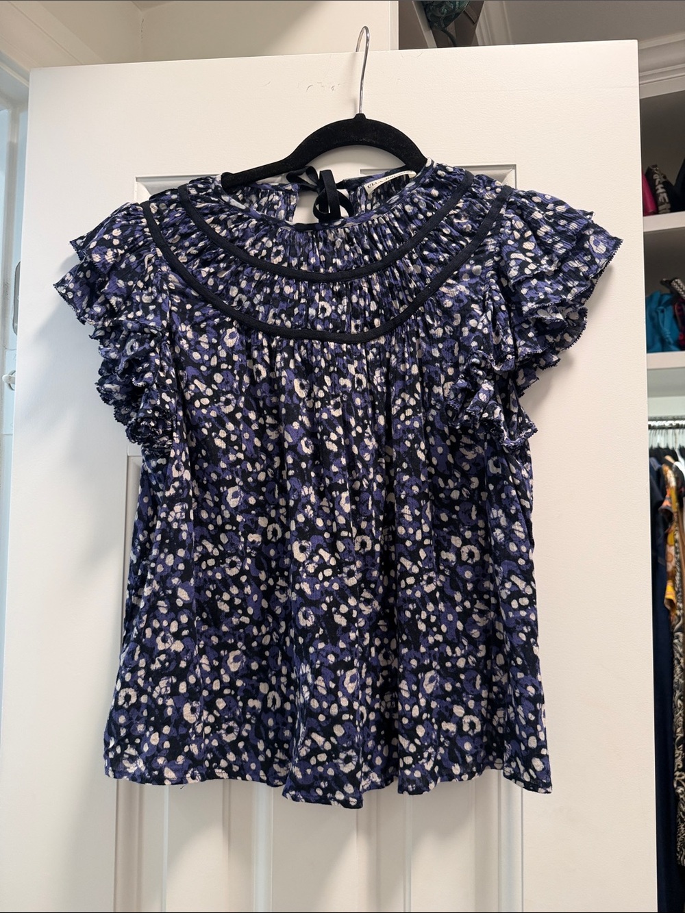 Ulla Johnson Navy Floral Smocked Yoke Ruffle Blouse size 4